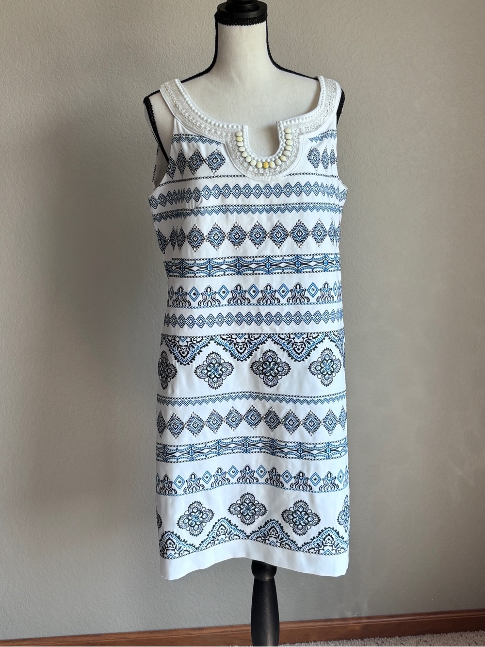 White House Black Market White Dress with Blue Geometric Print and embellishment